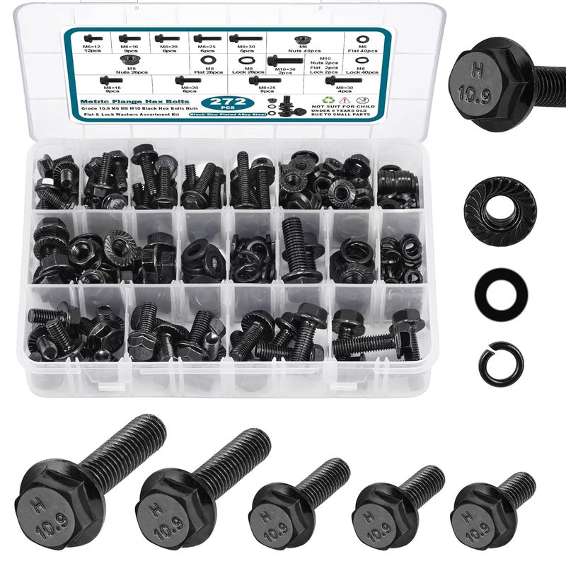 SATANTECH 272Pcs Flange Hex Bolts and Nuts Kit,M6 Bolt,M8 x1.25 Bolts,M10-1.5, Metric Bolt Assortment,Alloy Steel Class 10.9 Black Zinc Plated,Full Coarse Thread (12mm to 30mm) - Image 1